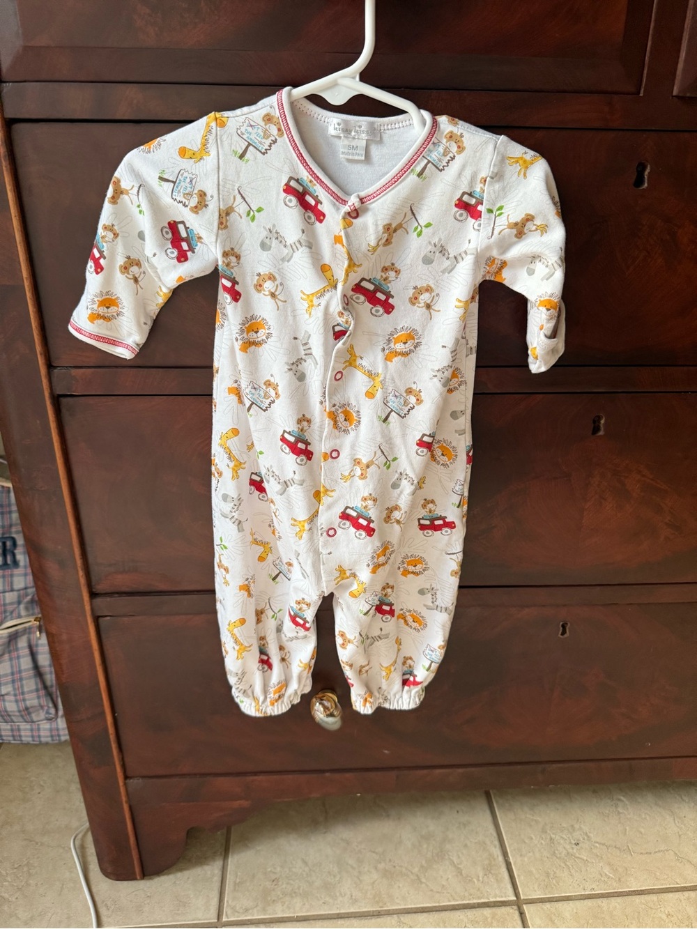 Kissy Kissy White Footless One-Piece with Yellow Giraffes and Red Cars